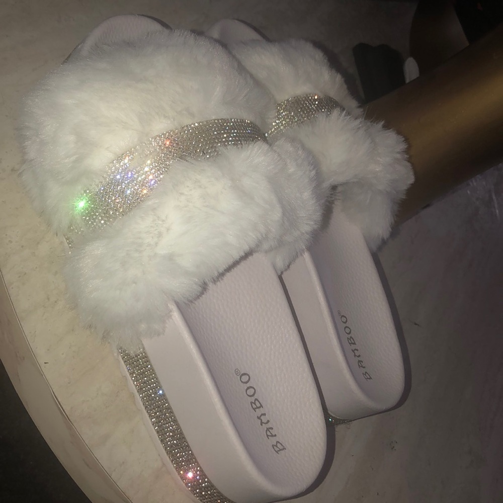 White Faux Fur Platform Bling Rhinestones